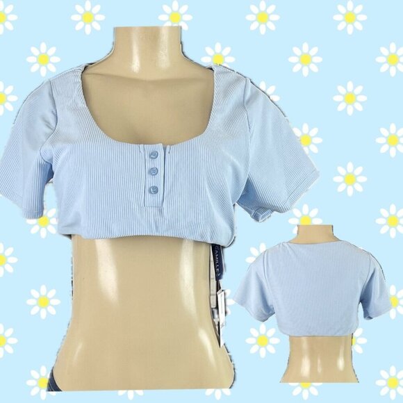 Swimsuits For All L Blue Ribbed Lined Scoop Neckline Short Sleeve Crop Swim Top - Picture 1 of 6